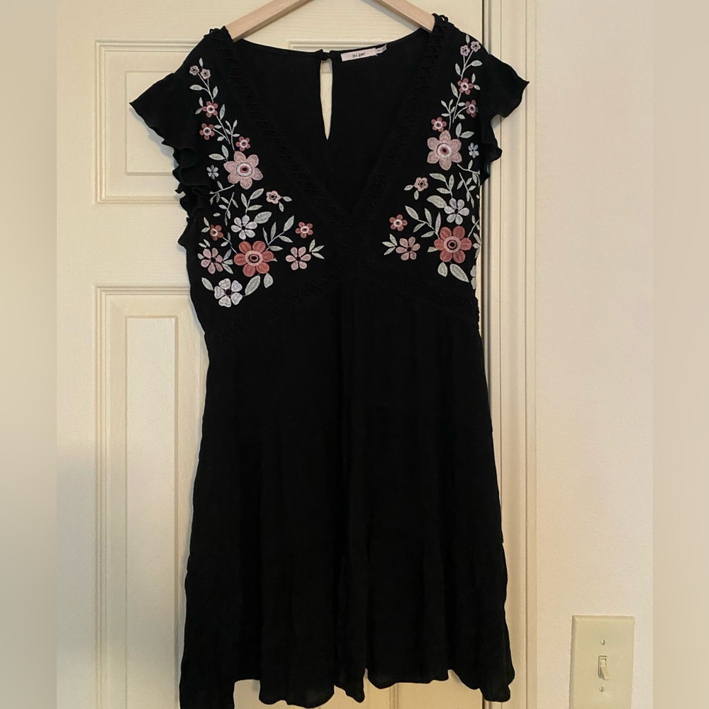 Miami Black Dress with Pink Floral Embroidery